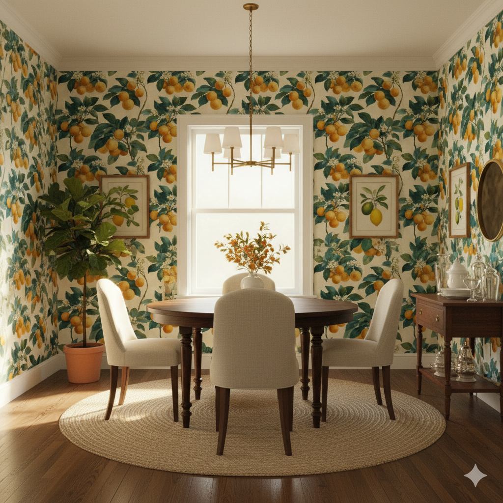 Yellow Amalfi Gold Wallpaper with a lemon pattern, against a dining room setting.