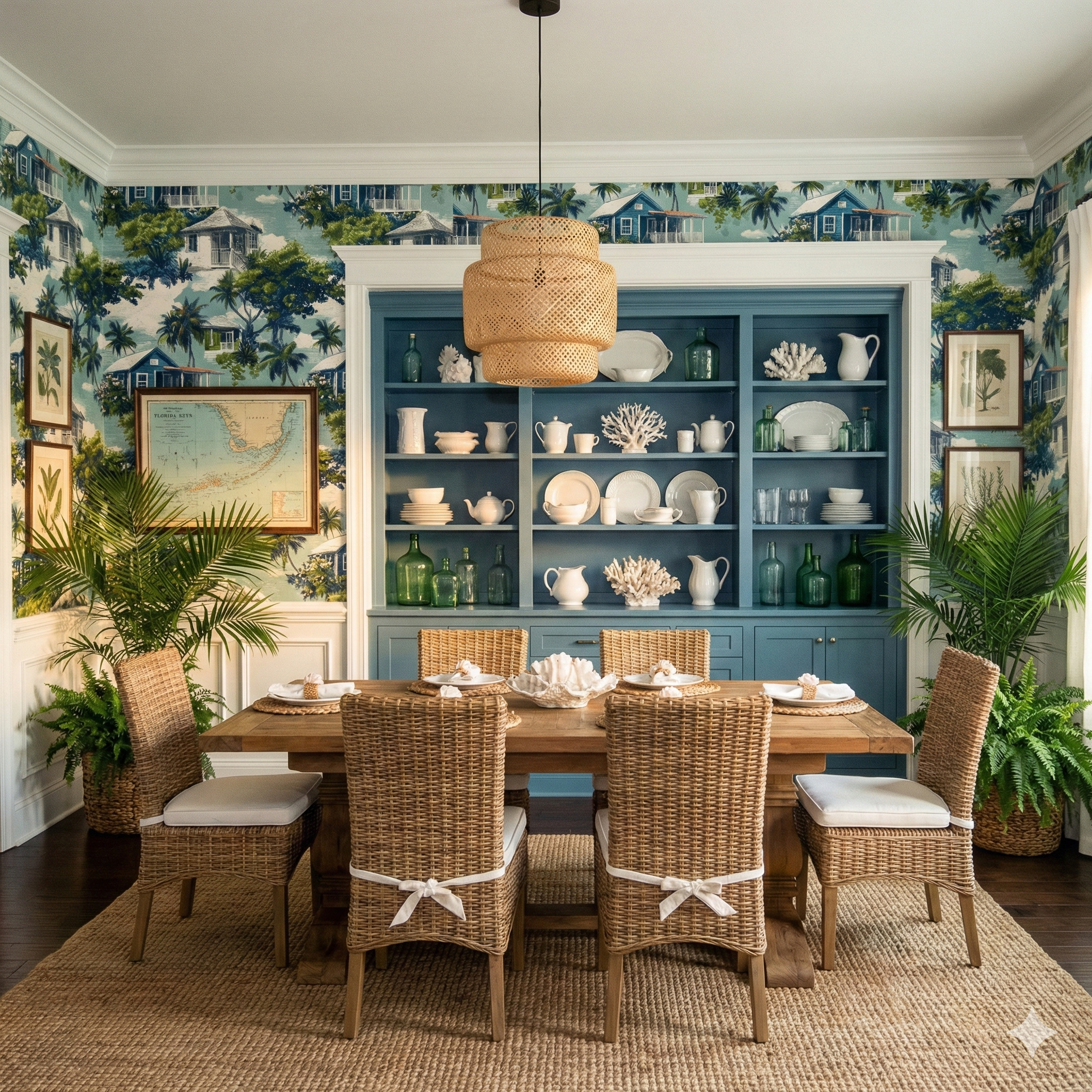 Tropical Conch House Reverie Wallpaper with trees and houses, covering the walls of a stylish dining room.
