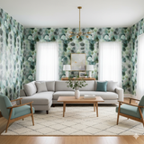 Green leaf pattern wallpaper covering the walls, with natural light from the windows.
