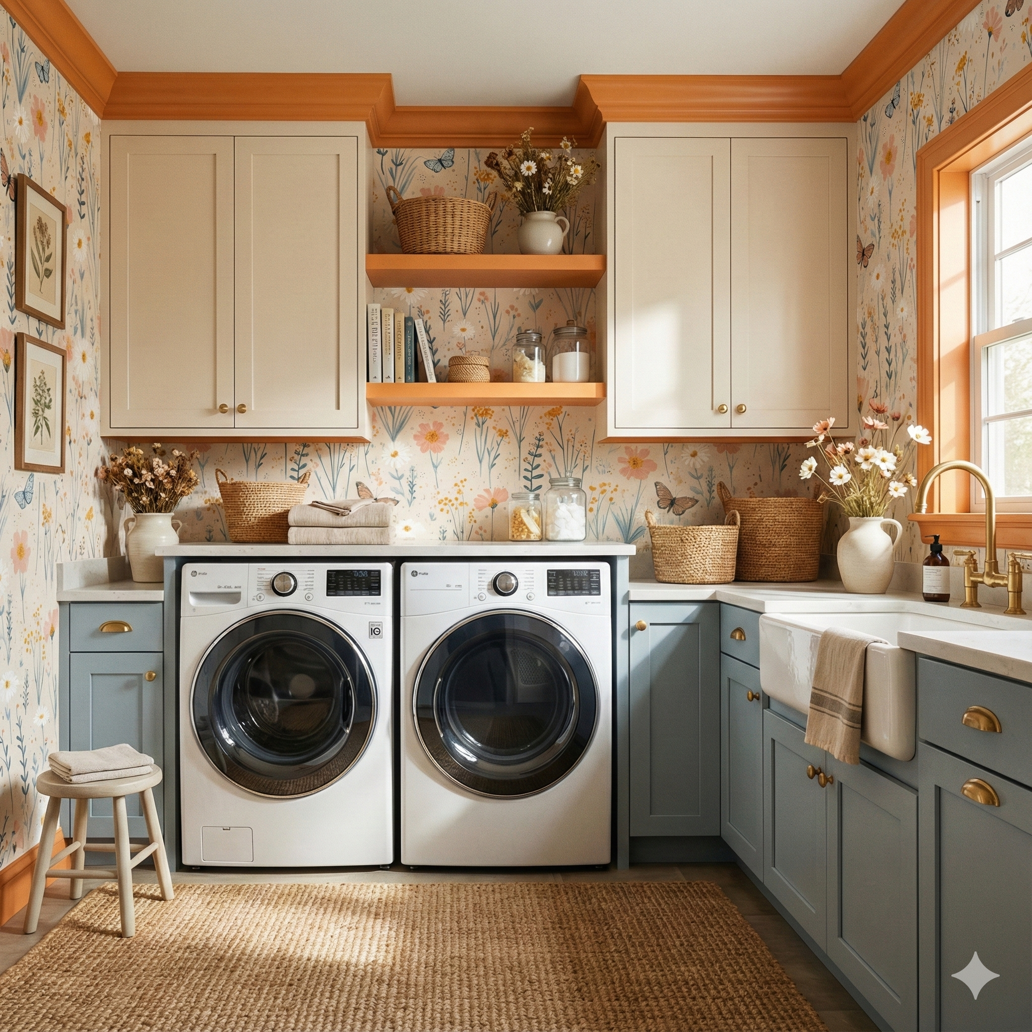 Bloomfield Meadow Wallpaper with floral and butterfly pattern on the walls of a laundry room.
