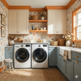 Bloomfield Meadow Wallpaper with floral and butterfly pattern on the walls of a laundry room.
