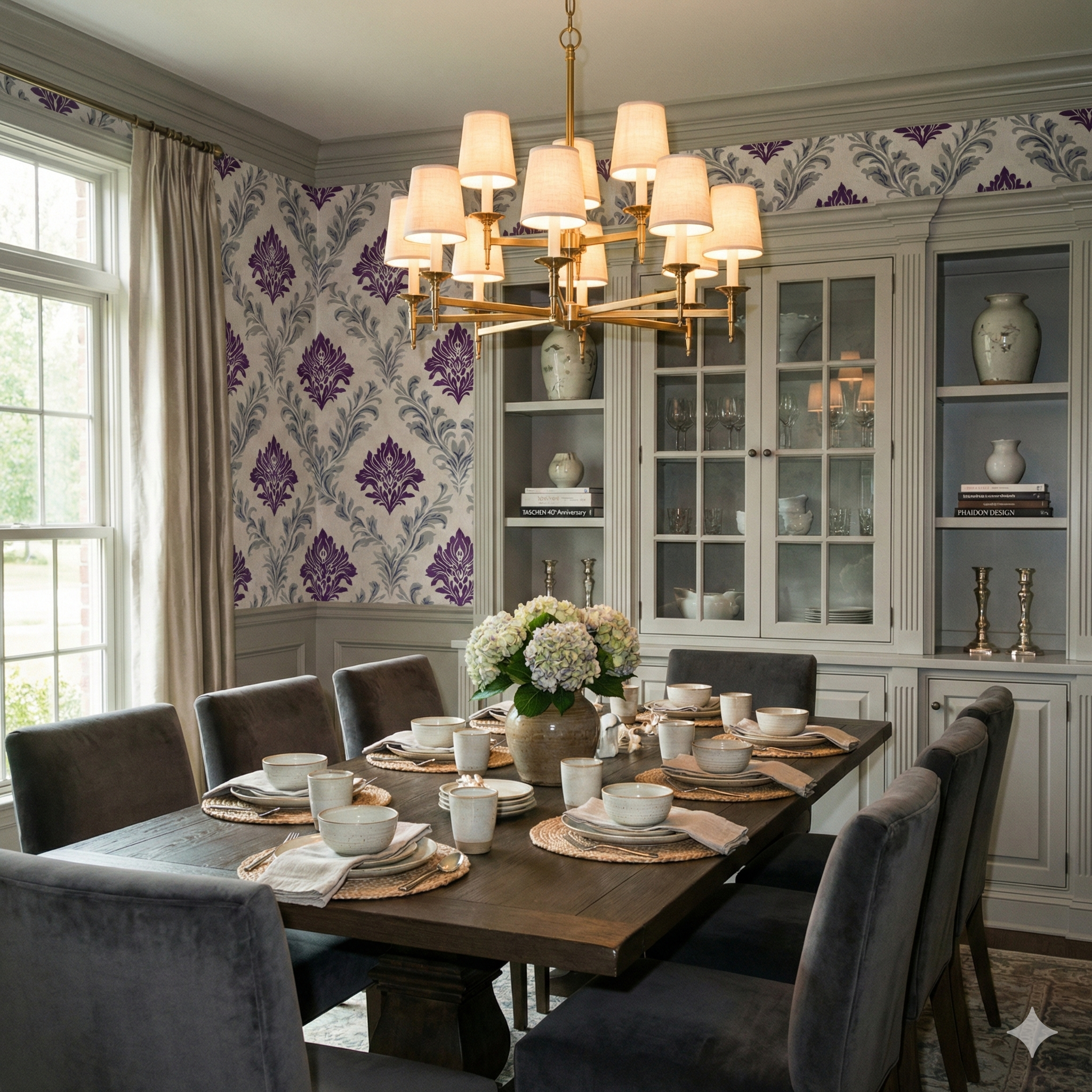Soft heirloom wallpaper with a purple damask pattern on a beige background.