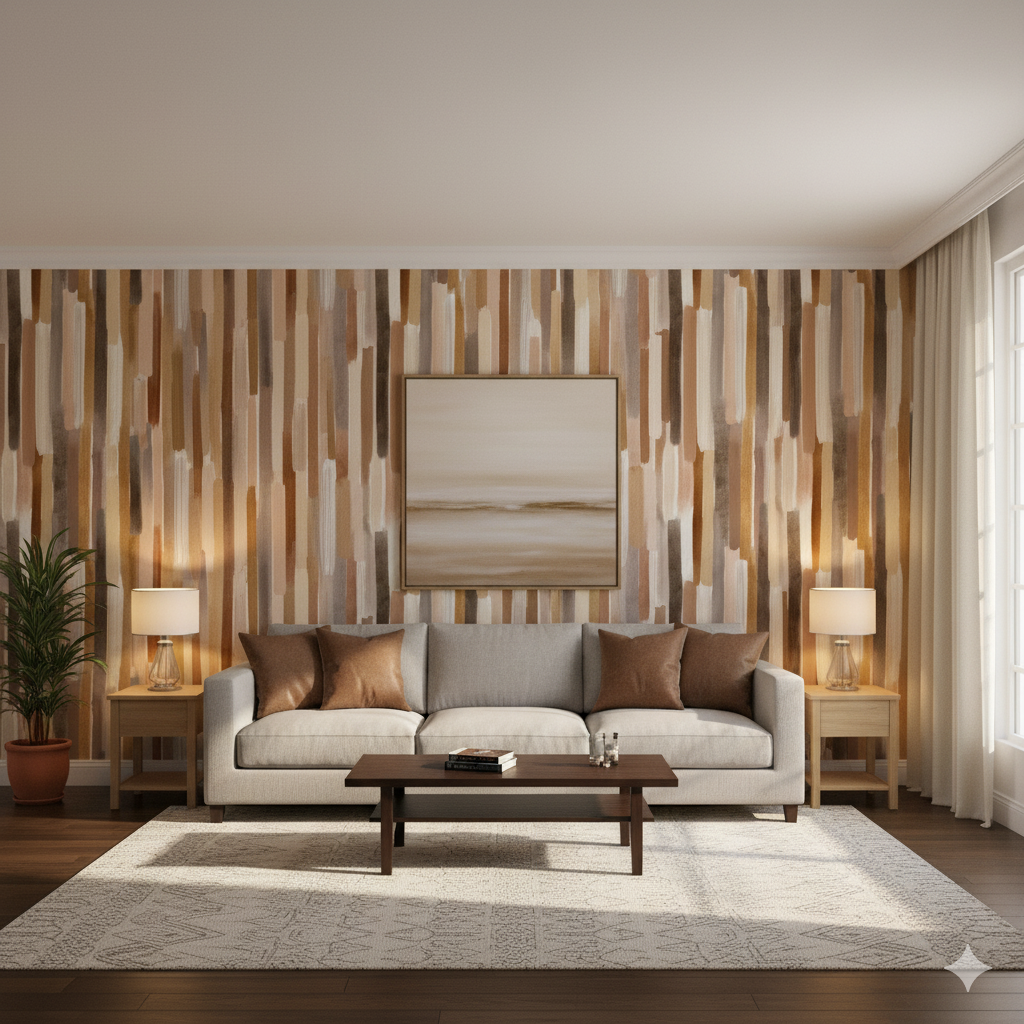 Sienna Strata Wallpaper with brown stripes, against a vertical wood plank pattern.