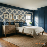 Briarfiligree Navy Wallpaper with floral damask pattern, accent wall design.
