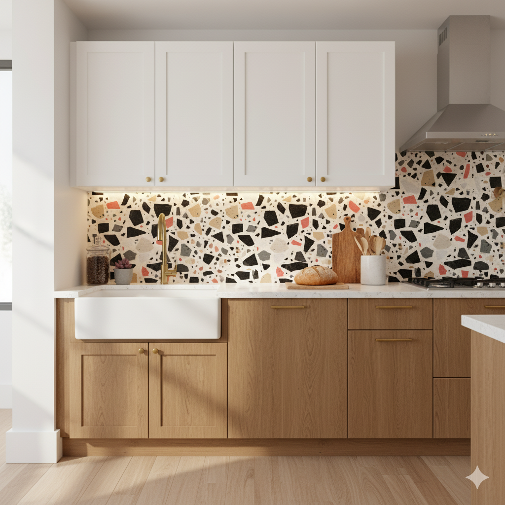 Red rock terrazzo wallpaper featuring a colorful aggregate pattern, displayed on a kitchen backsplash.