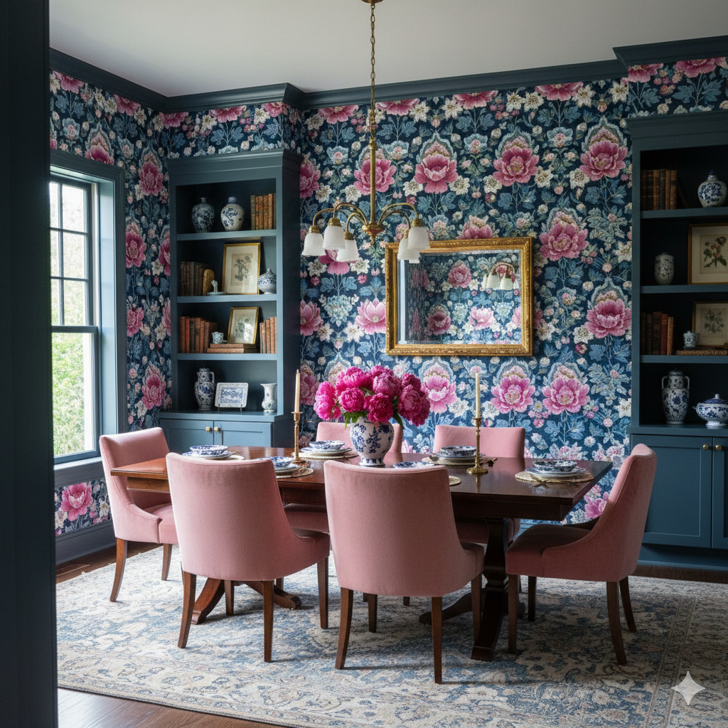 Floral Magnolia Society Wallpaper with pink peonies on a blue background.
