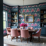 Floral Magnolia Society Wallpaper with pink peonies on a blue background.
