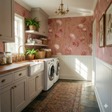 Rosette Emberfield floral wallpaper with a pink background and white wainscoting.