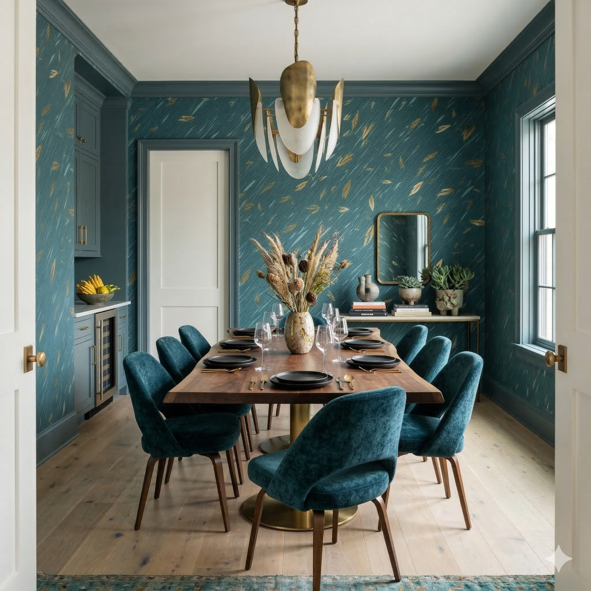 Blue and gold wallpaper, Driftline Sonata Wallpaper, with a feather pattern and textured finish.