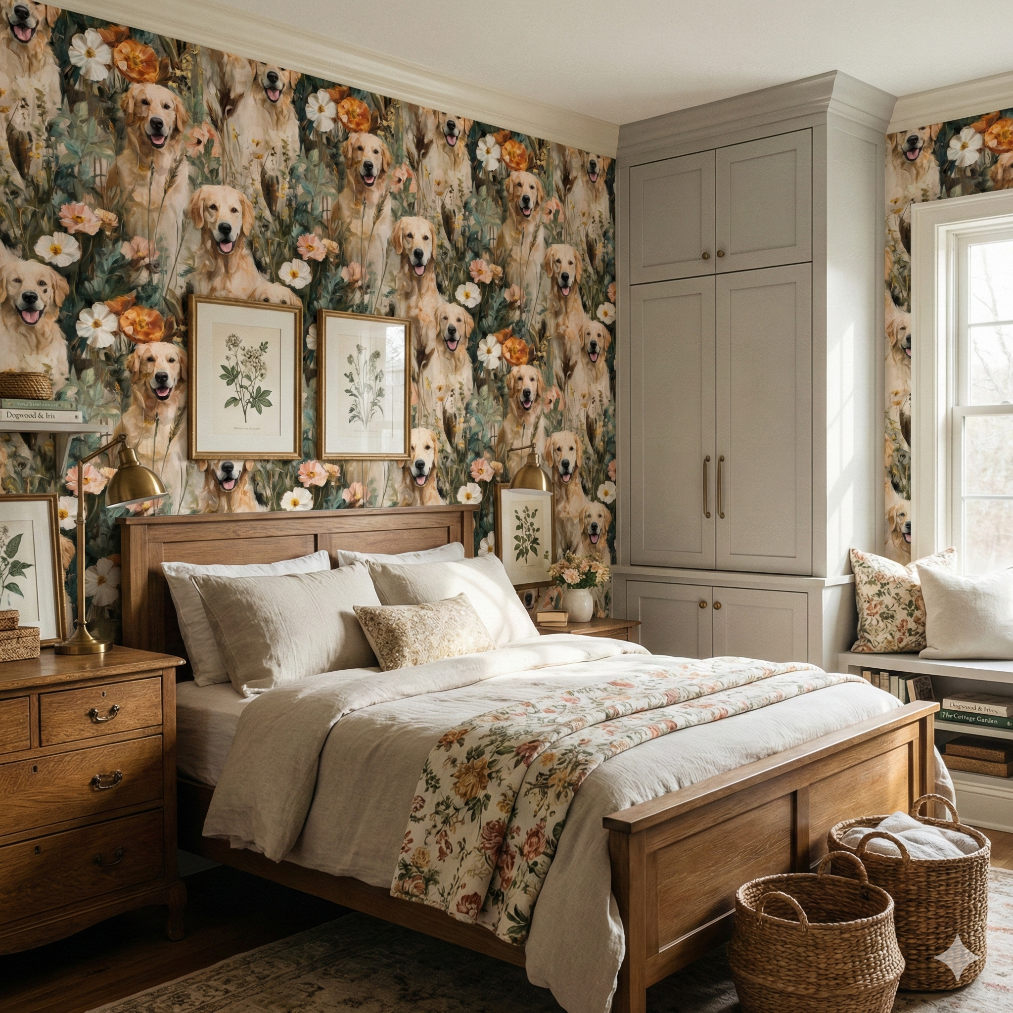 Floral golden retriever wallpaper from Seabrook, covering the bedroom walls.
