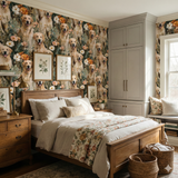Floral golden retriever wallpaper from Seabrook, covering the bedroom walls.
