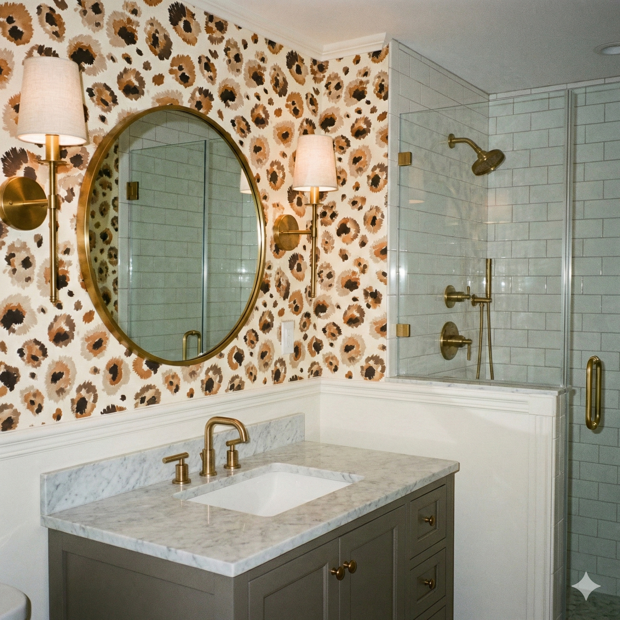Savanna Ink wallpaper with brown and tan leopard print, covering the bathroom walls, complementing the gold mirror and sconces.