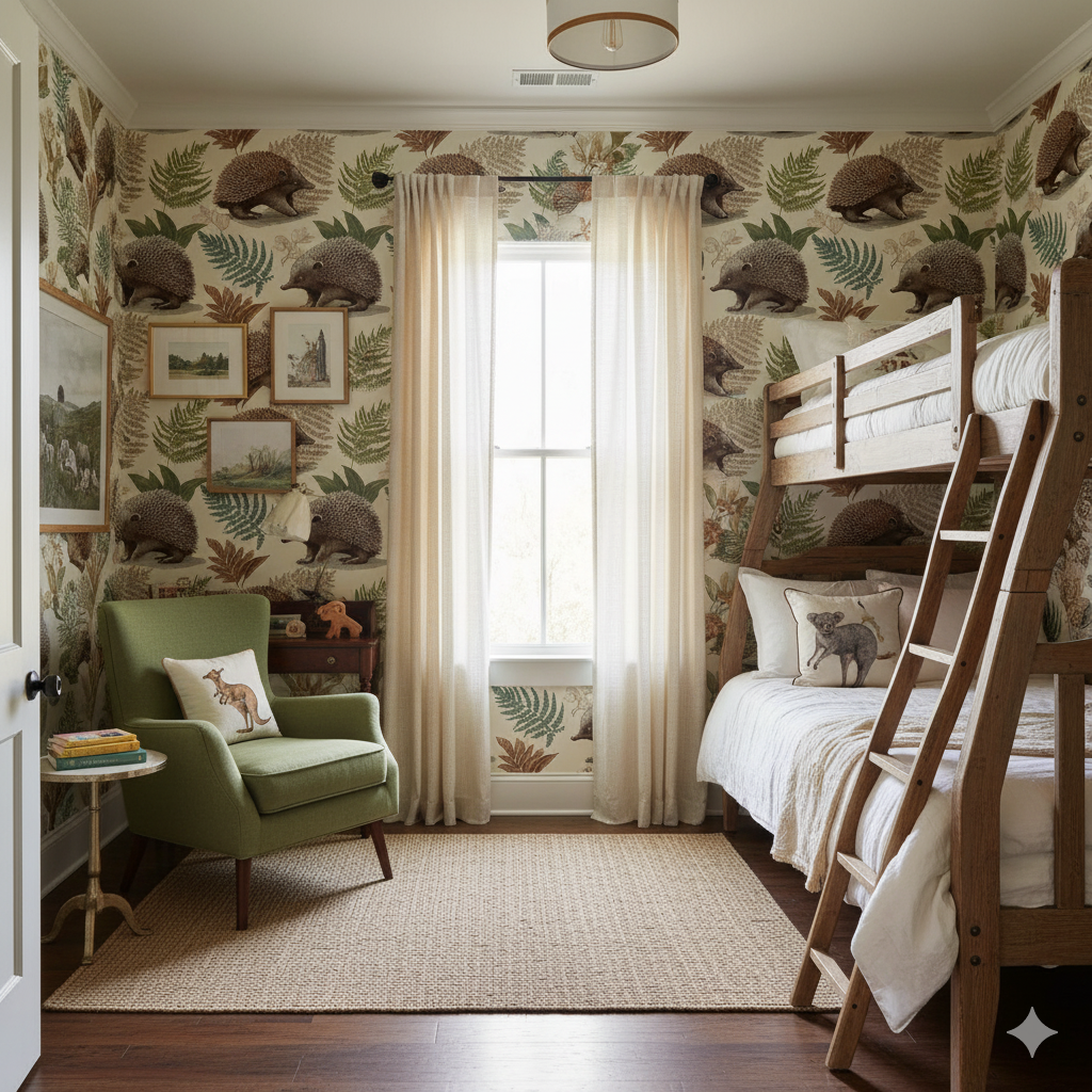 Bushland Quill wallpaper featuring a nature pattern with echidnas and ferns, covering the walls in a styled kids' bedroom.
