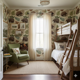 Bushland Quill wallpaper featuring a nature pattern with echidnas and ferns, covering the walls in a styled kids' bedroom.

