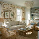 Marshwalk wallpaper featuring sandhill crane illustration on tan textured backdrop.