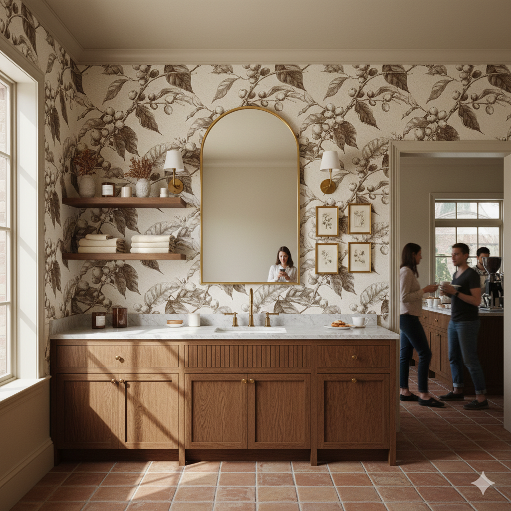 Botanical wallpaper with an arabica etch pattern, featuring neutral tones and leafy details.
