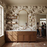 Botanical wallpaper with an arabica etch pattern, featuring neutral tones and leafy details.