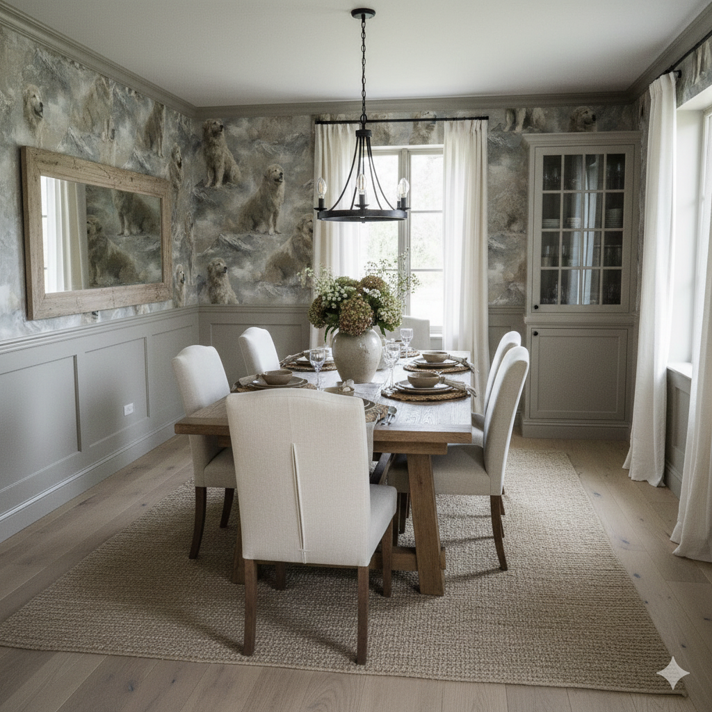 Mont Valais wallpaper with dogs pattern, animal-themed wall decor, in an elegant dining room.