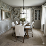 Mont Valais wallpaper with dogs pattern, animal-themed wall decor, in an elegant dining room.