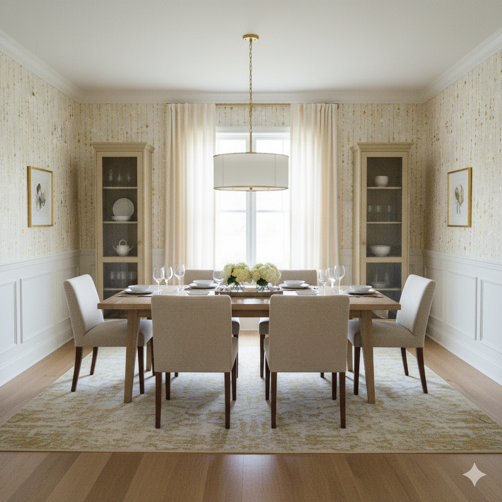 Aurelia Cascade wallpaper with a gold metallic dot pattern, complemented by white wainscotting.
