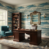 Scenic blue Shiroyama Wallpaper with mountains and clouds, covering the walls in a traditional office.