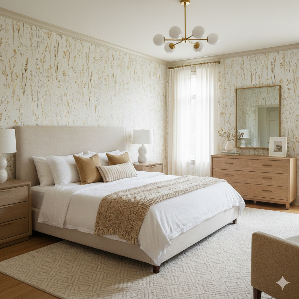 Golden Meadowwright Wallpaper with beige floral pattern covering the entire wall.

