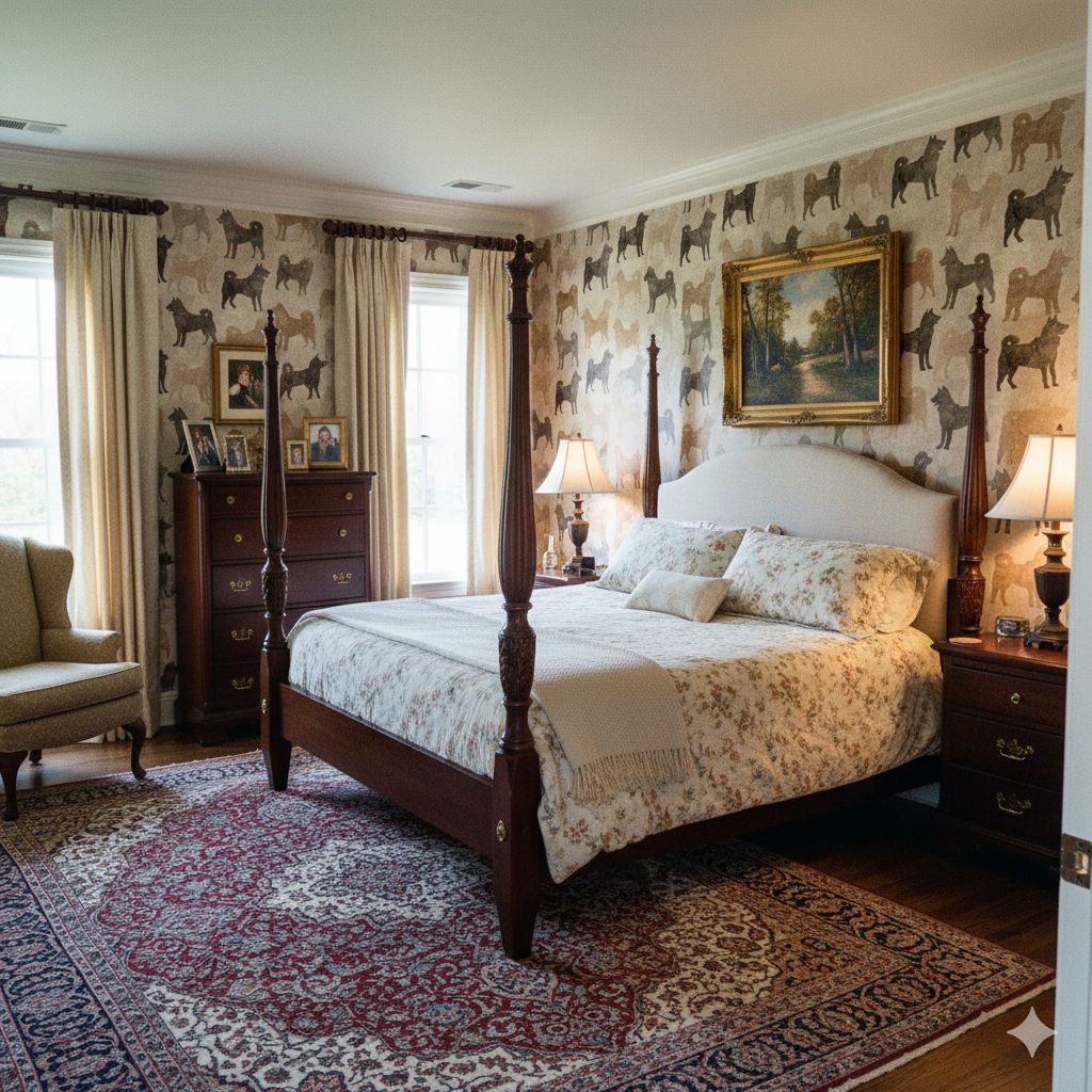 Patterned Yama Ridge Wallpaper with dog motifs on a light beige background.