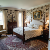 Patterned Yama Ridge Wallpaper with dog motifs on a light beige background.