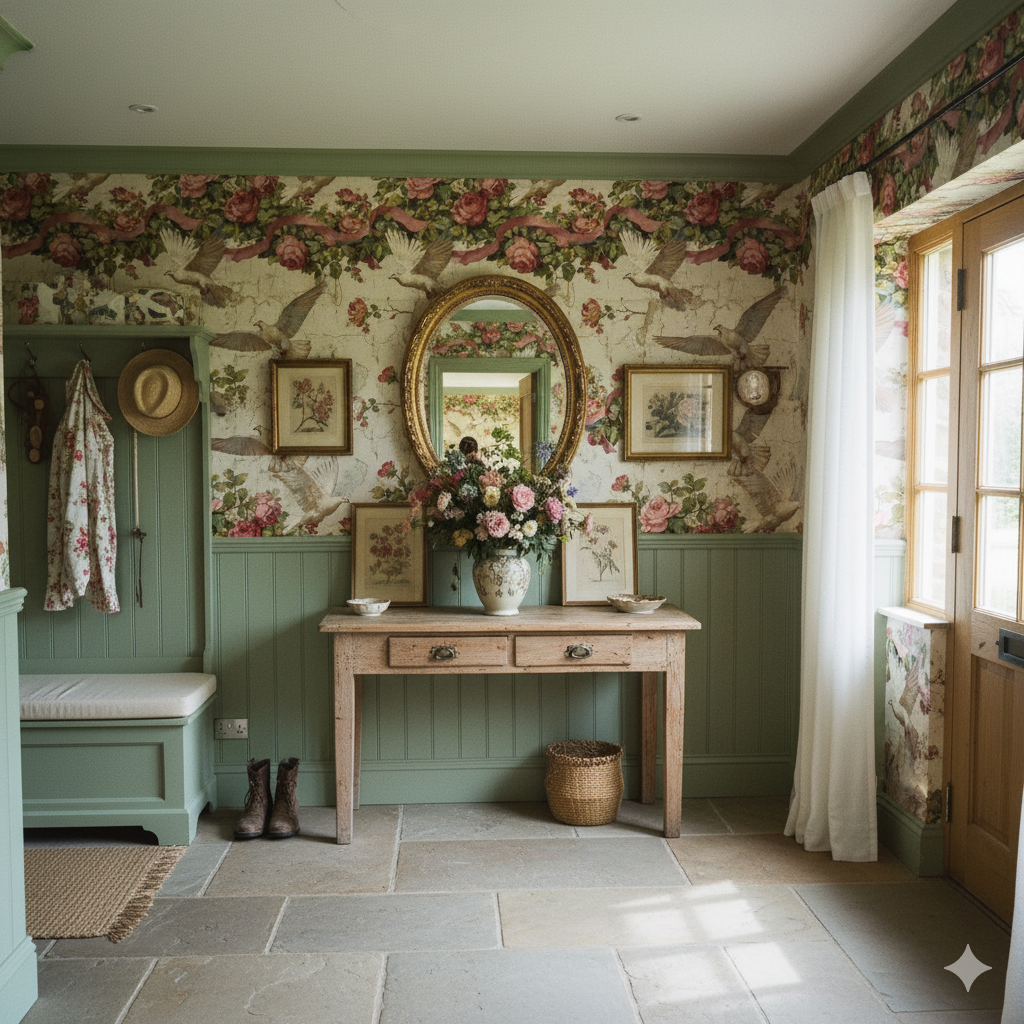 Patterned Bellecour Wallpaper with floral and bird motifs, covering the upper portion of a sage green wainscoted entryway.