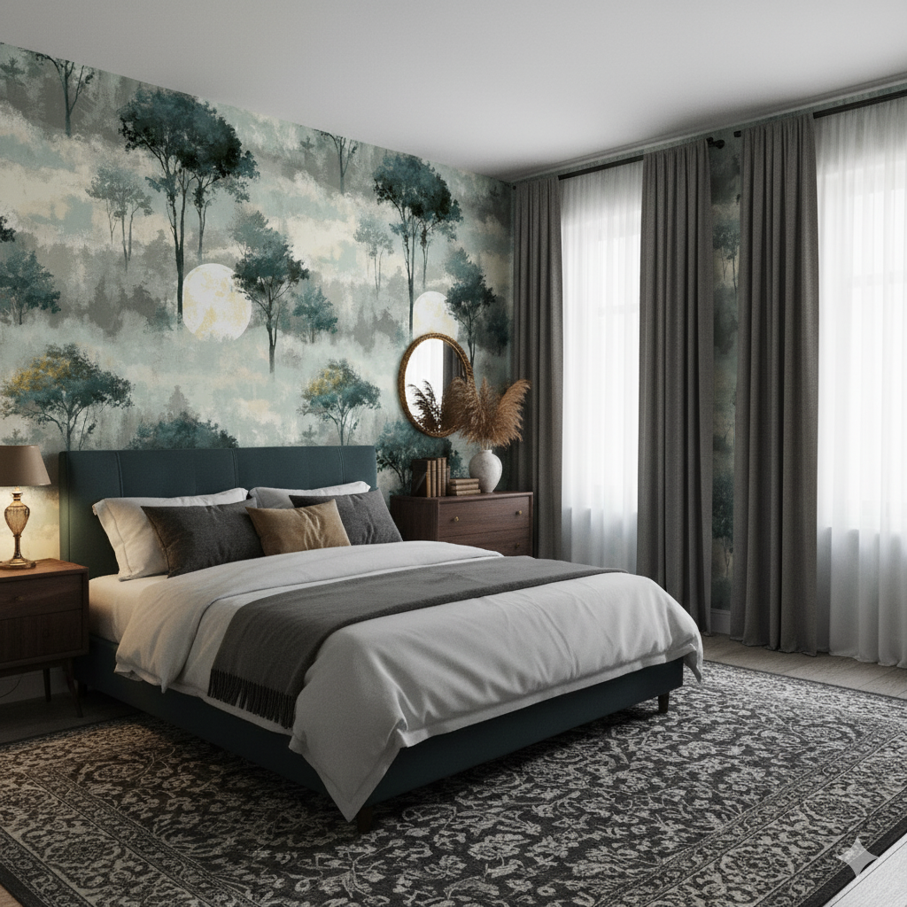 Forest pattern Luna Canopy Wallpaper with a soft watercolor effect.