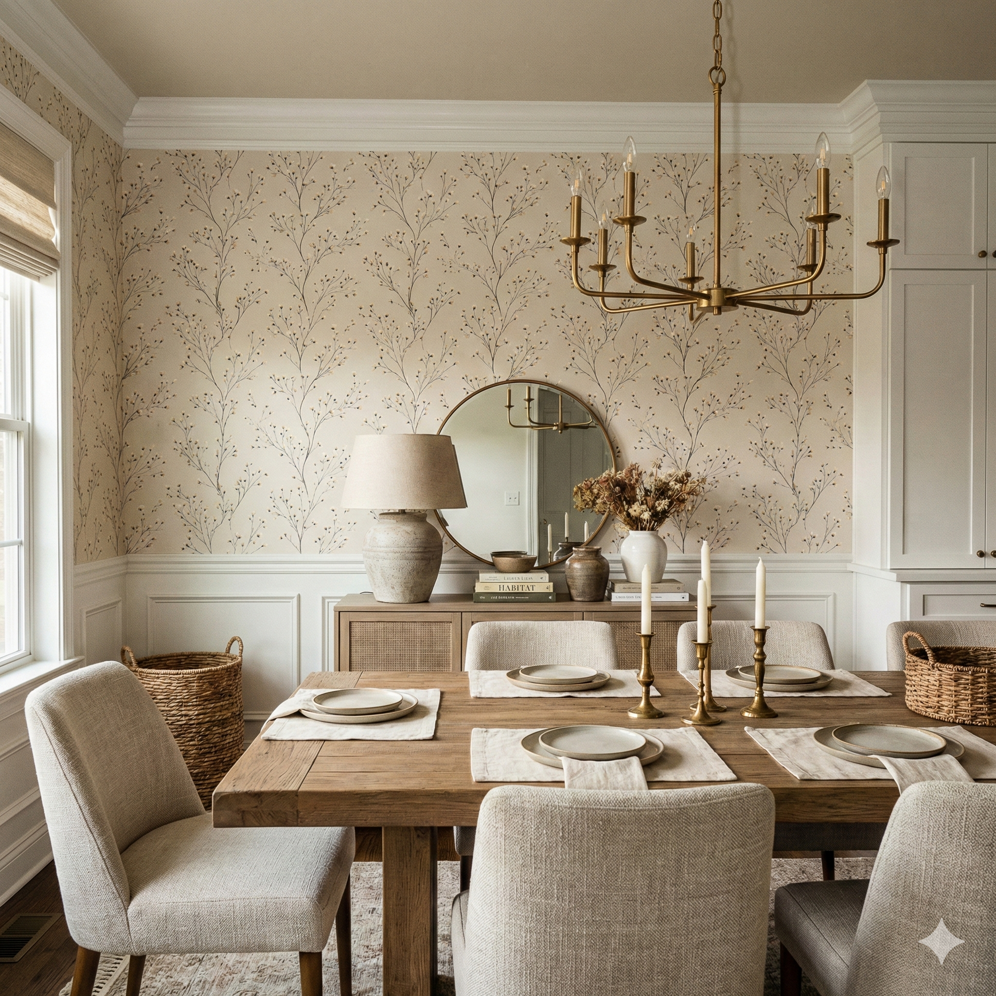 Botanical Lenore Field wallpaper featuring a subtle pattern on a beige backdrop.