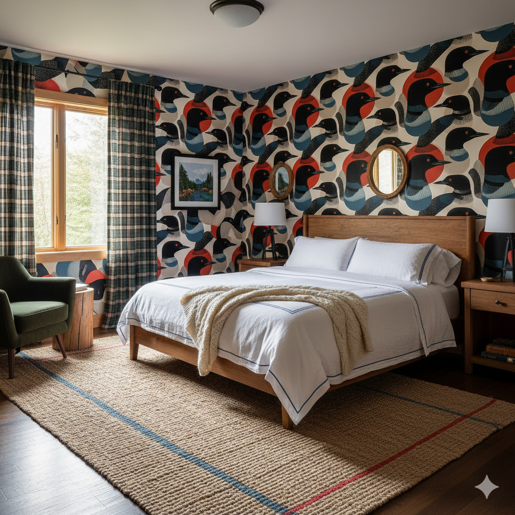 Red Eye Lake Wallpaper with a colorful bird pattern covering the walls of a bedroom.