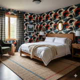 Red Eye Lake Wallpaper with a colorful bird pattern covering the walls of a bedroom.