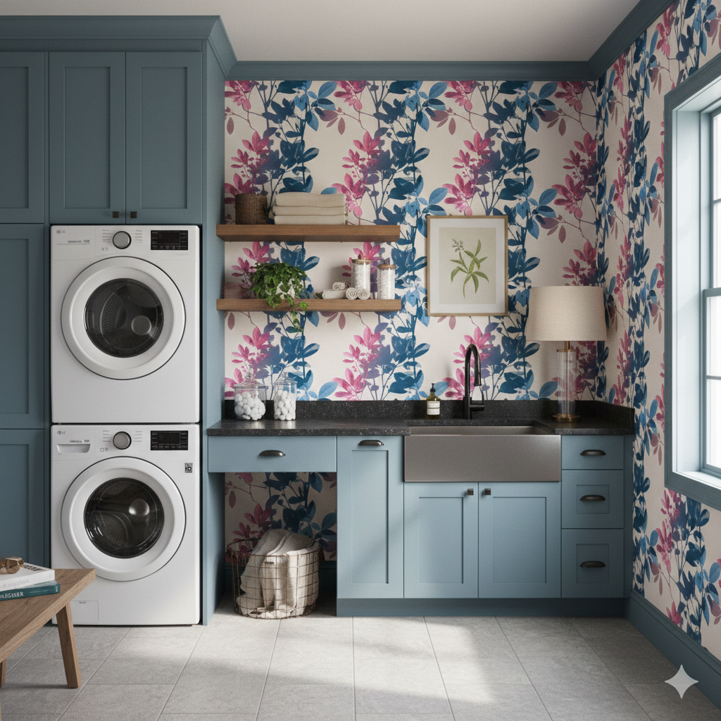 Shadowleaf Study wallpaper with a foliage pattern in blue and pink hues on a cream background.