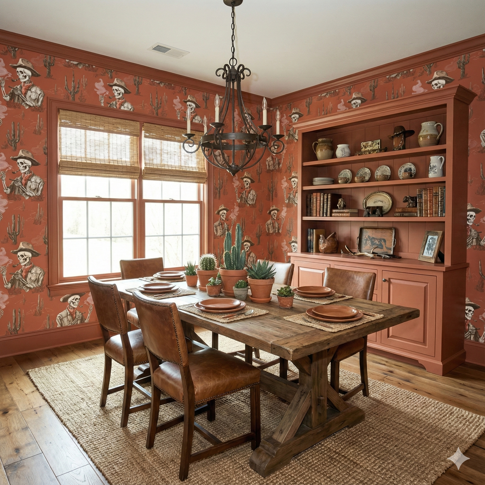 Desert Marrow wallpaper with cowboy skeleton pattern, over a warm orange background.