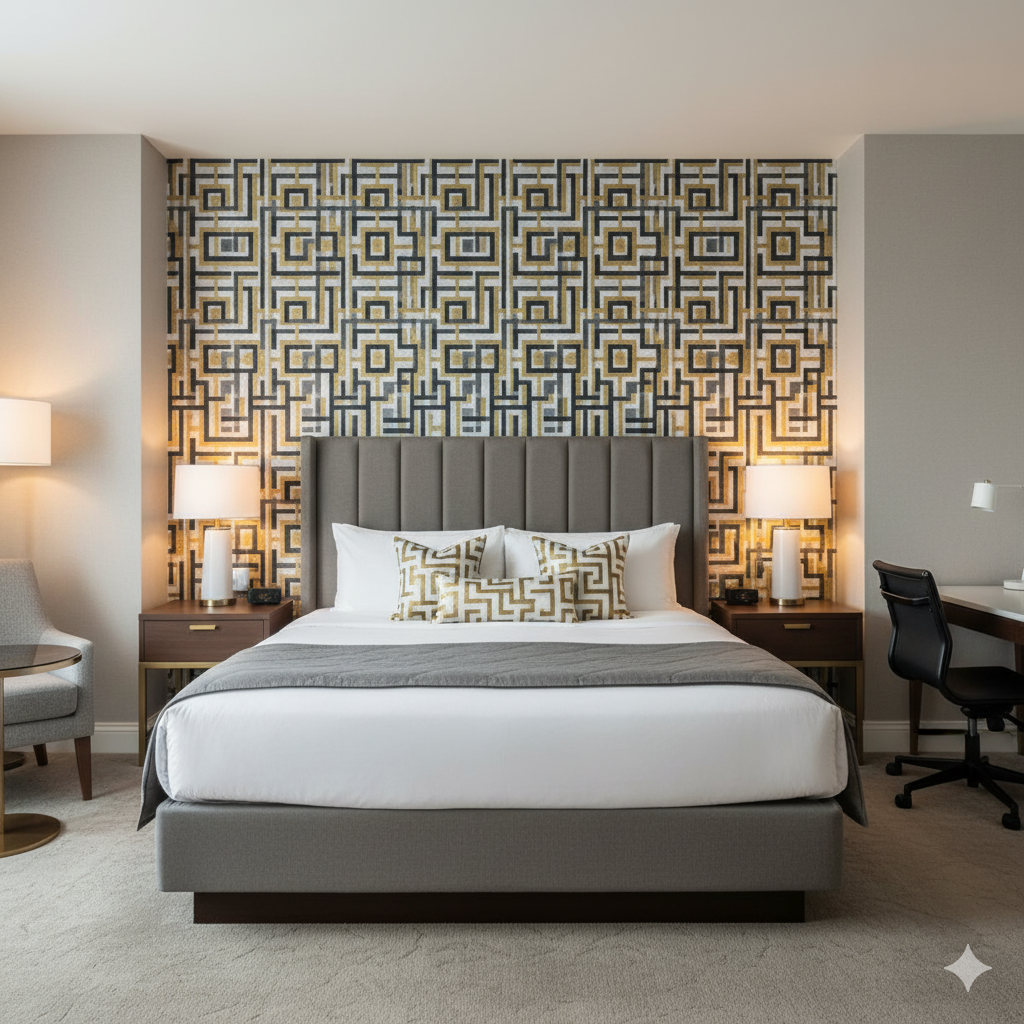 Geometric Aurum Maze Wallpaper with abstract pattern in gold, black, and white.