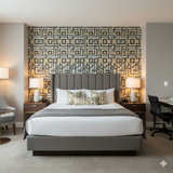 Geometric Aurum Maze Wallpaper with abstract pattern in gold, black, and white.