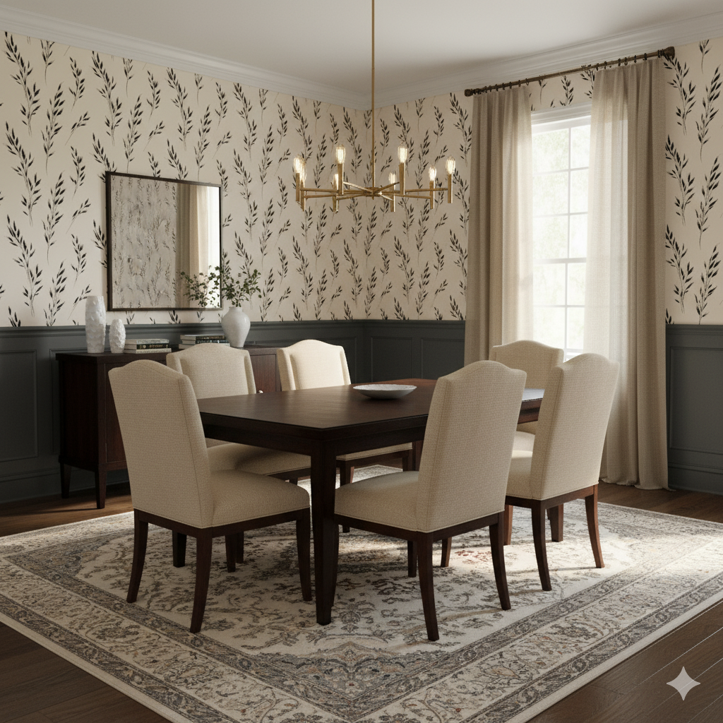 Botanical style wallpaper with black leaf pattern on beige background.