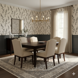 Botanical style wallpaper with black leaf pattern on beige background.