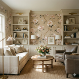 Floral wallpaper in bloomhouse style with a delicate peony pattern, plus butterfly accents.