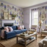 Floral patterned wallpaper with purple accents, in a traditional style.