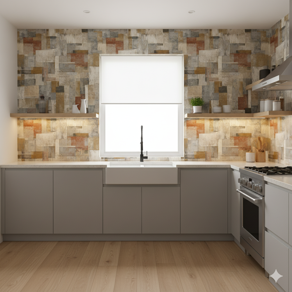 Adobe Mosaic Wallpaper with block pattern, earthy hues and textures.