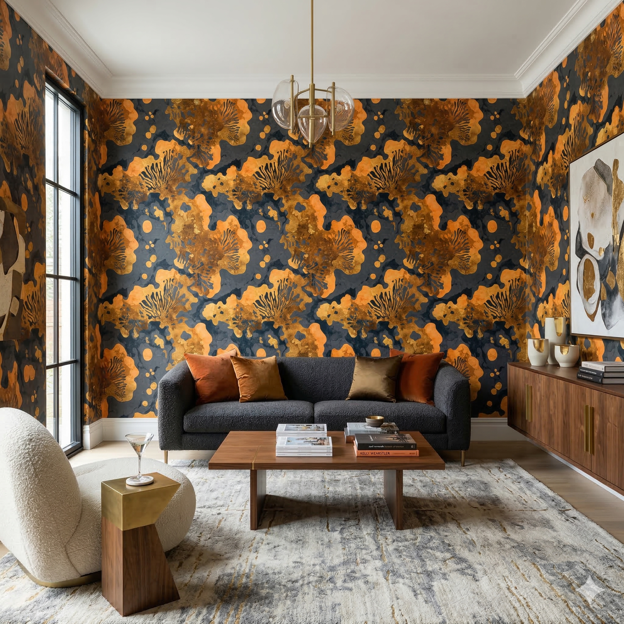 Floral mosaic wallpaper with bronze and orange accents over a dark gray background.