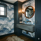Lone Peak Vista wallpaper with mountain pattern, and dark blue trim and cabinetry.
