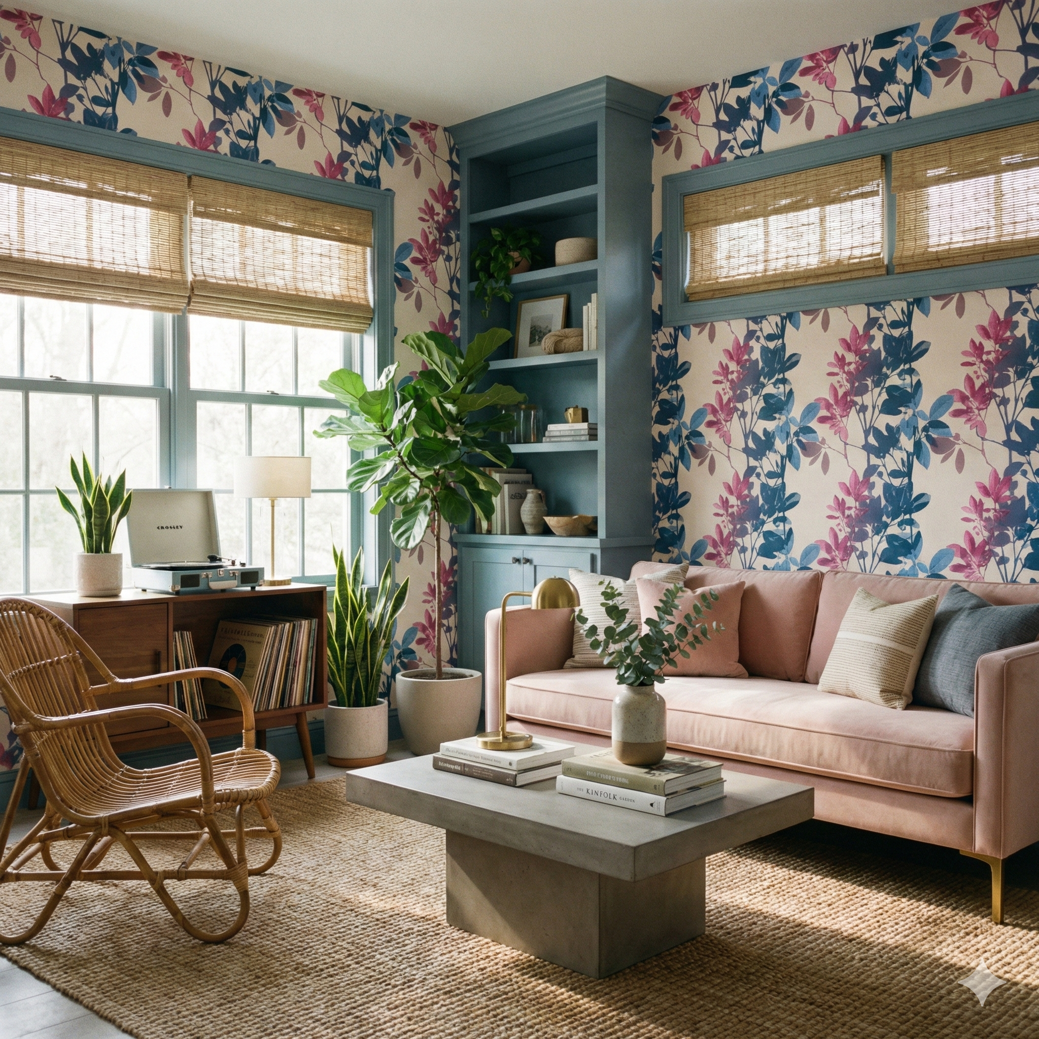 Botanical wallpaper with blue and pink leaves, Shadowleaf Study Wallpaper, styled in a living room with natural light.