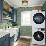 Botanical wallpaper with a blue-green background, embellished with a golden floral pattern.