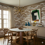 Tidal Veil wallpaper with brown and white wave pattern, covering the walls in an elegant dining room.