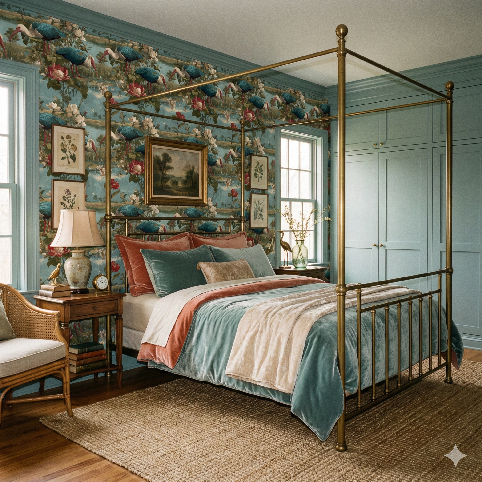 Lowcountry Reverie Wallpaper featuring a scenic bird and floral pattern.
