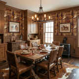La Grange Wallpaper with a boot pattern over striped background, used as wainscoting in a rustic style dining room.
