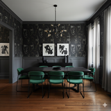 Black face-patterned Lioré Wallpaper, with line art on the upper wall, paired with dark grey paneling below.
